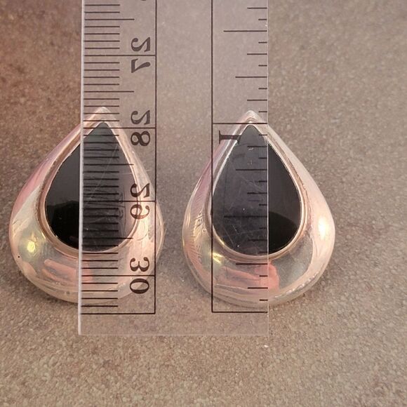 Sterling Silver Black Onyx Cabochon Pear Post Statement Earrings - Picture 9 of 10